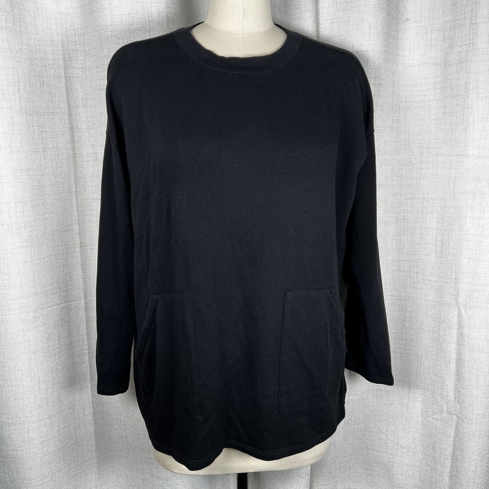 Eileen Fisher Black Oversized Sweatshirt‎ Boxy Comfy Organic Cotton Womens XXS